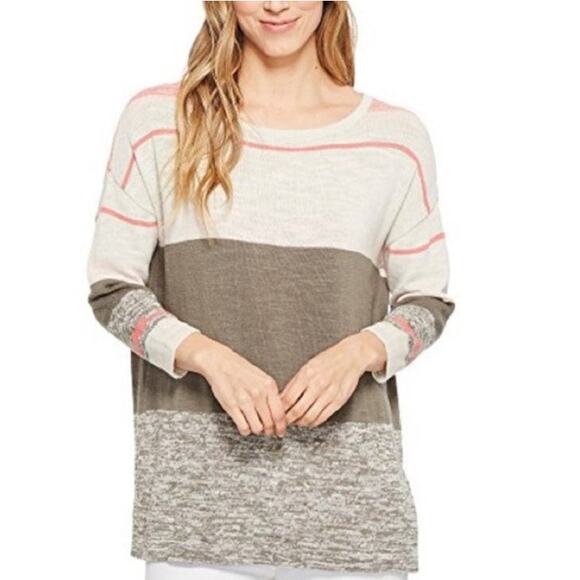 Tribal Sweaters - Tribal Women Pullover Sweater Beige Green Pink Striped Scoop Neck Size XL